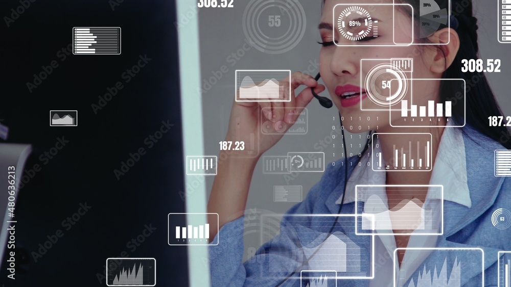 Poster customer support call center provide data in conceptual vision . business and communication technolo