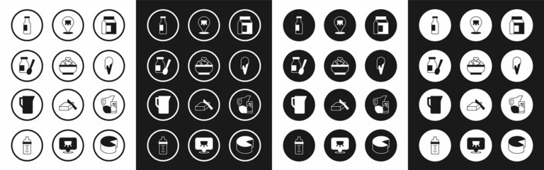 Fototapeta premium Set Paper package for milk, Cottage cheese, Drinking yogurt in bottle, Bottle with, Ice cream waffle cone, Udder, Milk jug pitcher and glass and icon. Vector