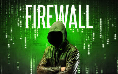 Faceless hacker with inscription concept