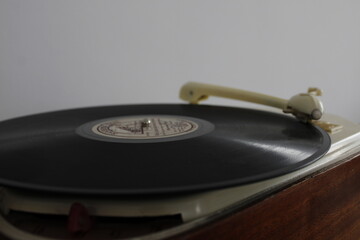 Old vinyl record player, Vintage music player turntable.