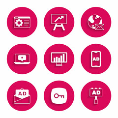 Set Monitor with graph chart, Key, Advertising, Laptop star, Earth globe mail and Browser setting icon. Vector