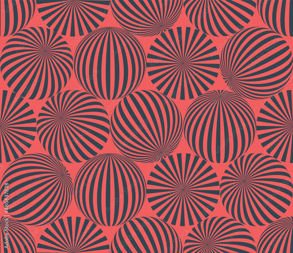 Poster striped balls in different positions seamless pattern psychedelic art red black abstract vector back
