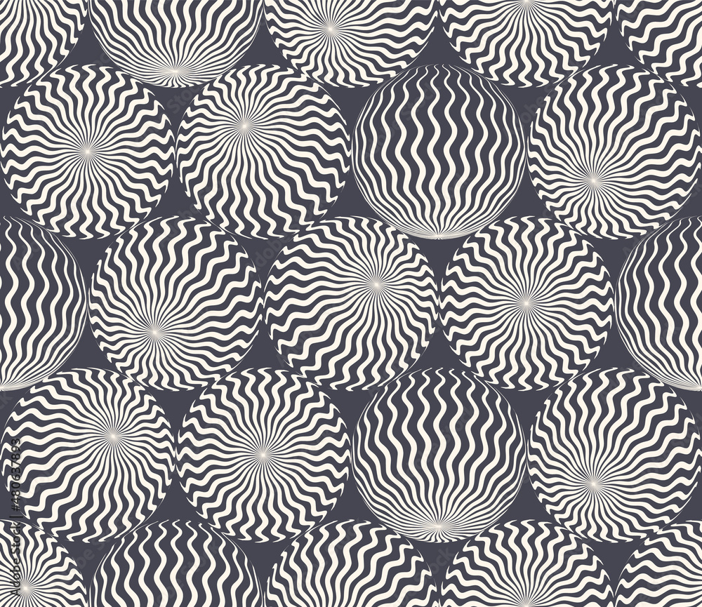 Poster wavy stripes pattern balls in different positions psychedelic art seamless abstract vector backgroun