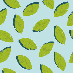 Pattern with green leaves on blue background