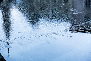 Frozen water surface with a reflection of a church tower,