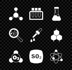 Set Molecule, Test tube, Ozone, Sulfur dioxide SO2, Atom, Microorganisms under magnifier and Pipette icon. Vector