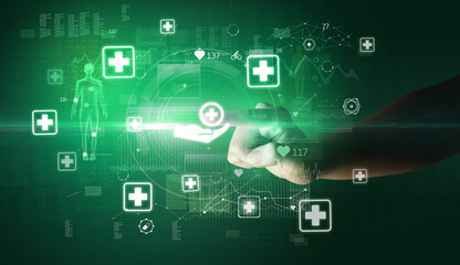 Doctor hand pressing futuristic health device with medical symbol on screen