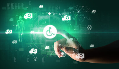 Doctor hand pressing futuristic health device with medical symbol on screen