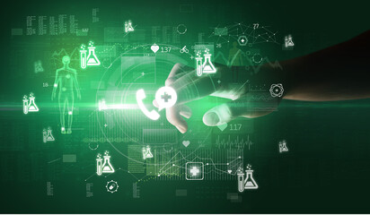 Doctor hand pressing futuristic health device with medical symbol on screen