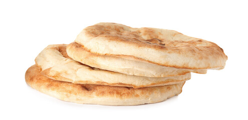 Loaves of delicious fresh pita bread on white background