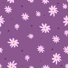 Fototapeta na wymiar Simple floral seamless pattern with daisies and polka dot. Endless feminine print. Vector illustration
