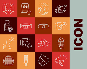 Set line Veterinary clinic symbol, Fish skeleton, Paw print, Collar with name tag, Dog medicine bottle, and Pet food bowl for cat or dog icon. Vector