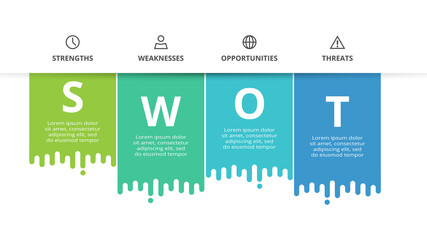 SWOT diagram with 4 steps, options, parts or processes. Threats, weaknesses, strengths, opportunities of the company.