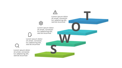 SWOT diagram with 4 steps, options, parts or processes. Threats, weaknesses, strengths, opportunities of the company.