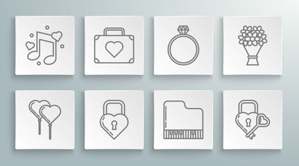 Set line Balloons in form of heart with ribbon, Suitcase travel, Castle the shape, Grand piano, key, Diamond engagement ring, Bouquet flowers and Music note, tone hearts icon. Vector
