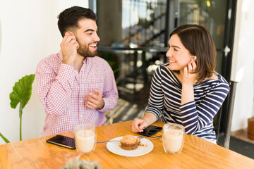 Boyfriend and girlfriend sharing music