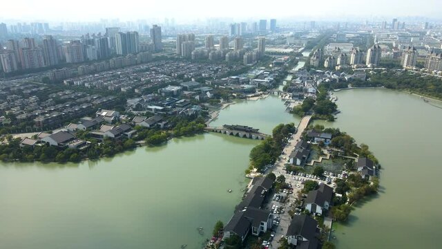 Aerial photography of Chinese garden scenery by Jinji Lake in Suzhou