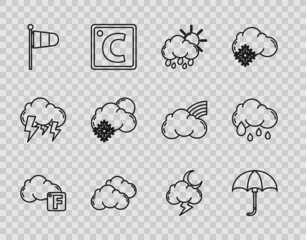 Obraz premium Set line Fahrenheit and cloud, Classic elegant opened umbrella, Cloud with rain sun, Cone meteorology windsock wind vane, snow, Storm and icon. Vector