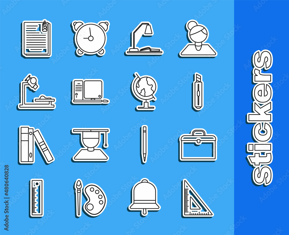 Poster set line triangular ruler, briefcase, stationery knife, workplace with table lamp and open book, com