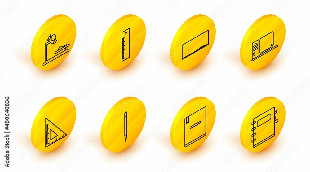 Poster set line notebook, pencil with eraser, triangular ruler, computer monitor keyboard and mouse, chalkb
