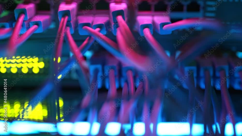 Aufkleber close up fiber optic in server room. network cables installed in the rack at data center. ethernet c