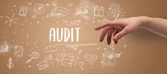 Close-Up of cropped hand pointing at business inscription