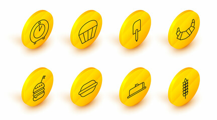 Set line Cereals with rice, wheat, corn, oats, rye, Strawberry cheesecake slice, Macaron cookie, Burger, Croissant, Spatula, Muffin and Kitchen timer icon. Vector