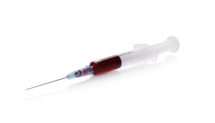Fototapeta premium Plastic syringe with blood isolated on white