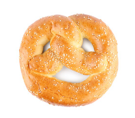 Tasty freshly baked pretzel isolated on white, top view