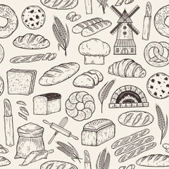 Hand-drawn bread and bakery seamless pattern, baked goods icons