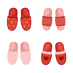 Set of home slippers with Valentine's Day design. Vector illustration in flat cartoon style isolated on white background. 