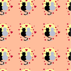 Сats in love pattern on a gentle coral-pink background with hearts
