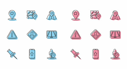 Set line Push pin, Infographic of city map navigation, Map pointer with star, marker silhouette person, Road traffic sign, Exclamation triangle and Folded location icon. Vector