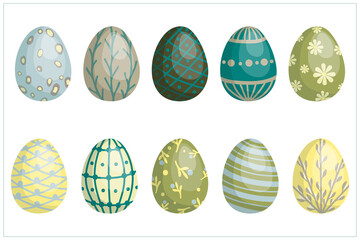A set of Easter painted eggs in warm green hues. Cartoon vector graphics.