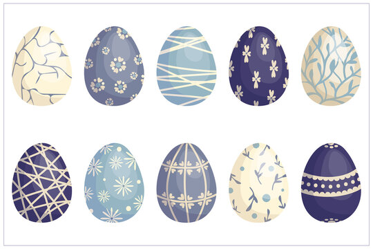 Set of Easter painted eggs in warm lilac shades. Cartoon vector graphics.
