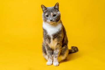 Cute charming cat sits calmly and looks thoughtfully in front of him. Pet portrait. Yellow background. 