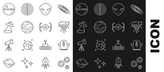 Set line Planet, Alien, Black hole, UFO flying spaceship, Death star and Cosmic icon. Vector