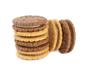 Different tasty sandwich cookies on white background