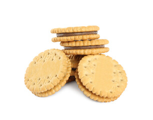Tasty sandwich cookies with chocolate cream on white background