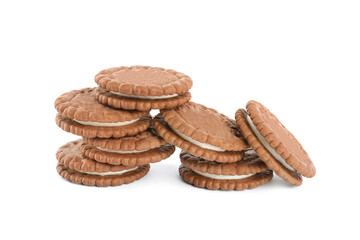 Tasty chocolate sandwich cookies with cream on white background