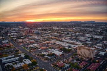 Aerial View of Sunrise over the Phoenix Suburb of Mesa, Arizona