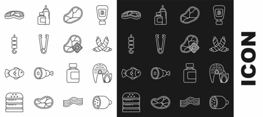 Set line Salami sausage, Grilled fish steak and fire flame, Crossed, Steak meat, Meat tongs, shish kebab skewer stick, and Fresh frozen icon. Vector