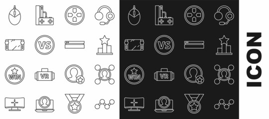 Set line Share, Star, Gamepad, VS Versus battle, Portable video game console, Computer mouse gaming and Video icon. Vector