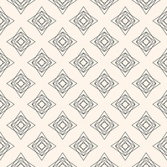 Vector minimalist seamless pattern with small diamond shapes, linear stars, rhombuses, crystals. Abstract monochrome geometric texture. Simple black and white minimal background. Subtle repeat design