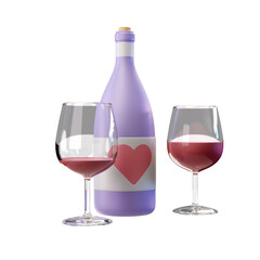 3d render illustration of bottle of red wine with a heart on the label and two half-full crystal glasses