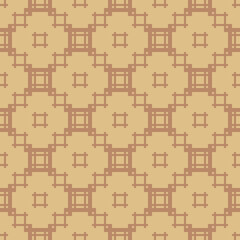 Vector geometric ornament in ethnic style. Abstract seamless pattern with squares, rectangles, grid, repeat tiles. Vintage retro texture. Simple background in brown tones. Repeated decorative design