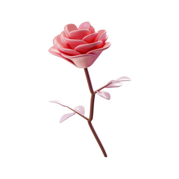 3d render illustration of half open red rose with leaves and stem