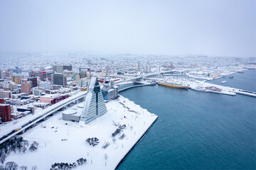Naklejka premium Aomori City Covered in Snow, Aerial View of Northern Japan