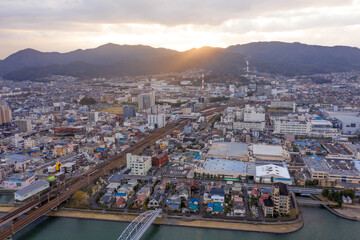 Aerial view of Otsu and Zeze along Biwako in Shiga Prefecture, Japan