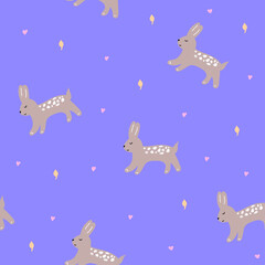 Seamless pattern with cute hand drawn bunny in doodle style,illustration with rabbit and hearts,holiday decoration,print for wrapping paper,textile and fabric,kids fashion,nursery design,baby shower.